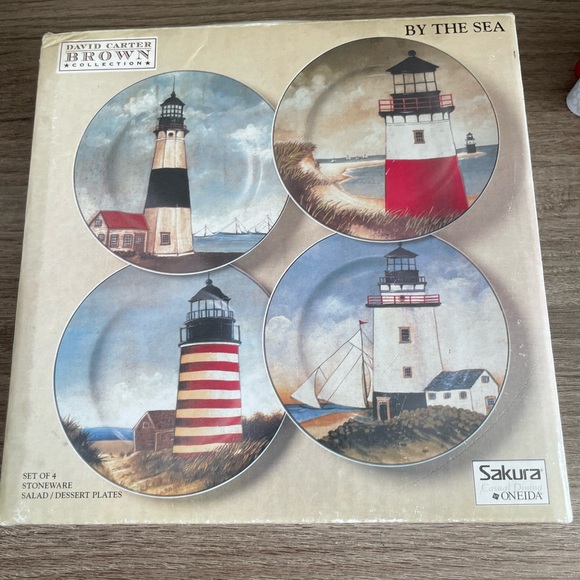 Plate SET of 4 Sakura by Oneida David Carter Brown "By The Sea" Lighthouses - Picture 2 of 7